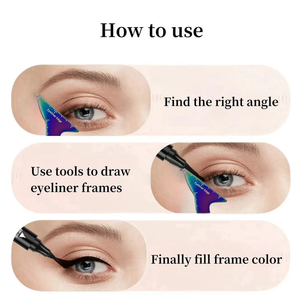 Reusable 3-in-1 makeup stencil for hooded eyes creating winged eyeliner, eyebrow definition, and nose contour.