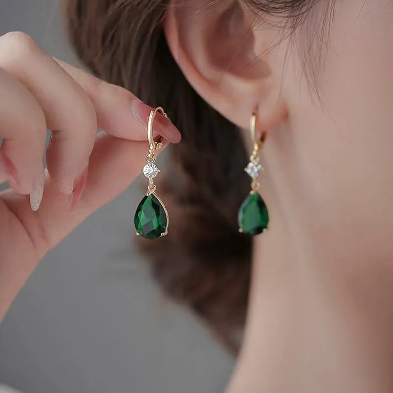 Green geometric teardrop alloy earrings with contemporary silhouette