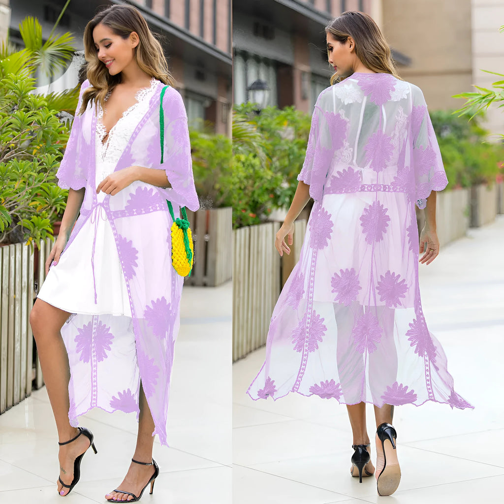 Light purple beach dress with lace embroidery cardigan style swimsuit cover-up