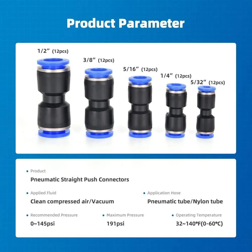 60-piece pneumatic push-in connector kit with R1/4 and R1/2 thread interfaces
