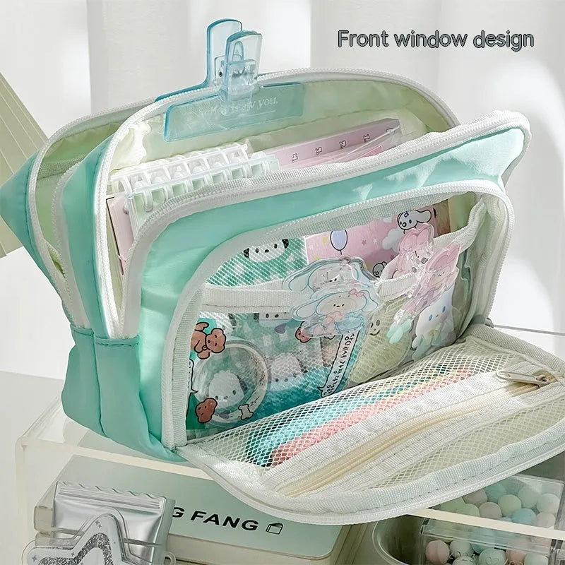 Double layer pencil case in blue, pink, cream, or green with gift handle, dimensions 215x135x85mm