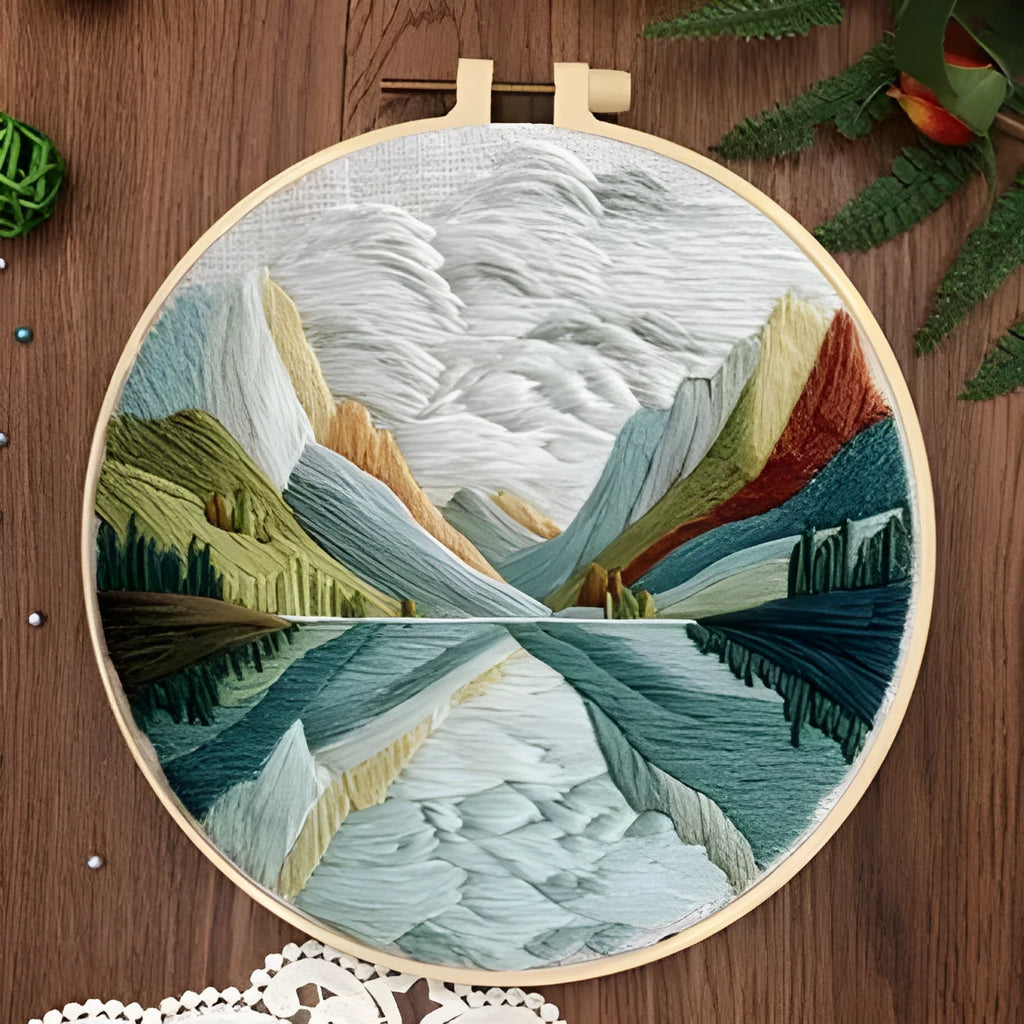 Landscape embroidery DIY kit with cotton linen fabric, 15cm imitation bamboo frame, and embroidery tools
