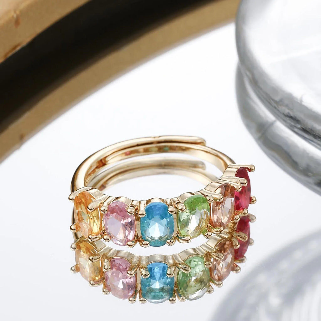 Gold electroplated adjustable women's ring with simple retro colour zircon on copper band