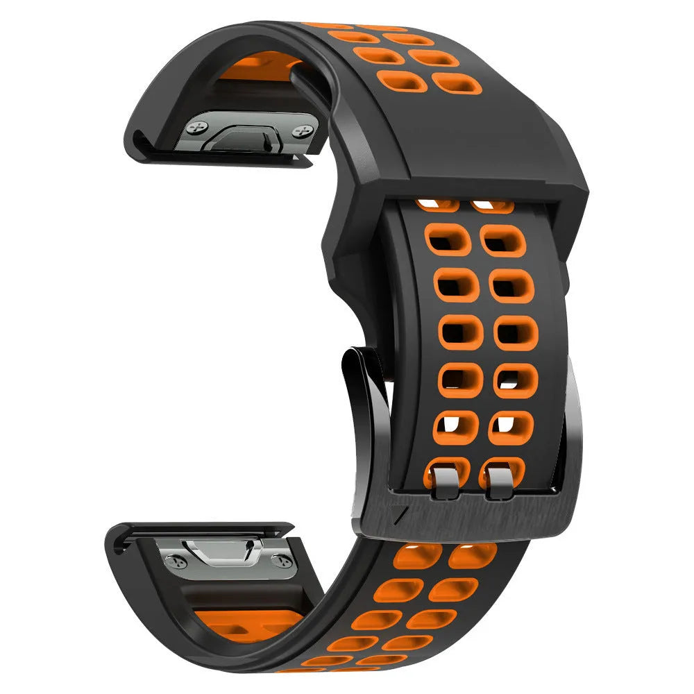 Quick release double-row hole silicone sports watch strap in a two-tone colour on a watch.