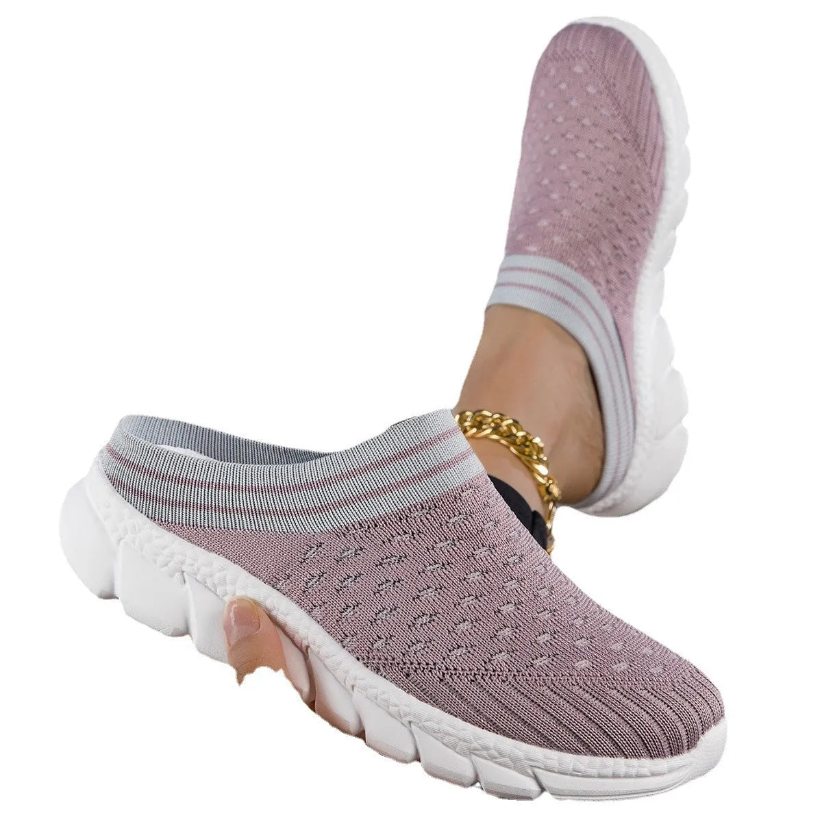 Women's black Flyknit slipper shoes with striped pattern and hollowed-out design on a lightweight viscose sole.