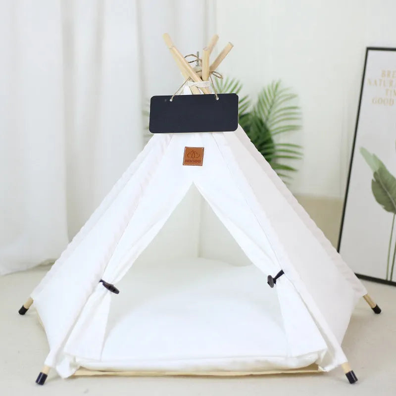 Striped linen pet teepee tent with cushion for a small dog or cat