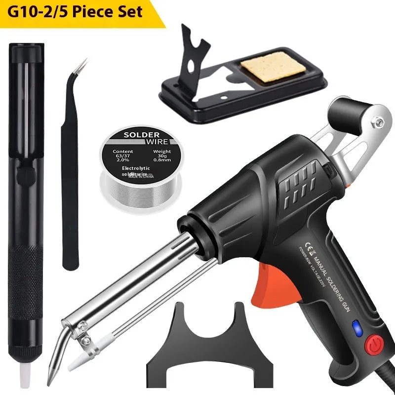Black soldering gun kit with LED light, alloy construction, medium standard size