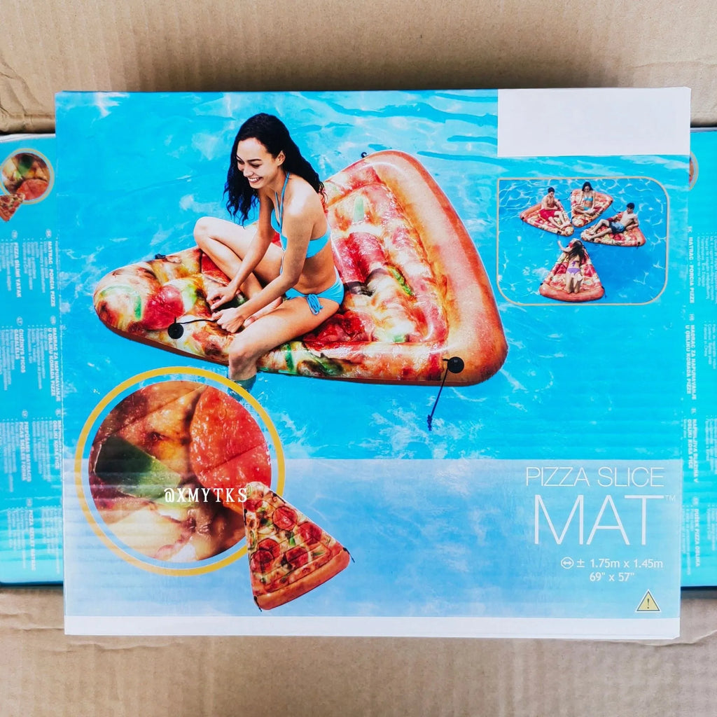 Large inflatable pizza slice pool float recliner on blue water