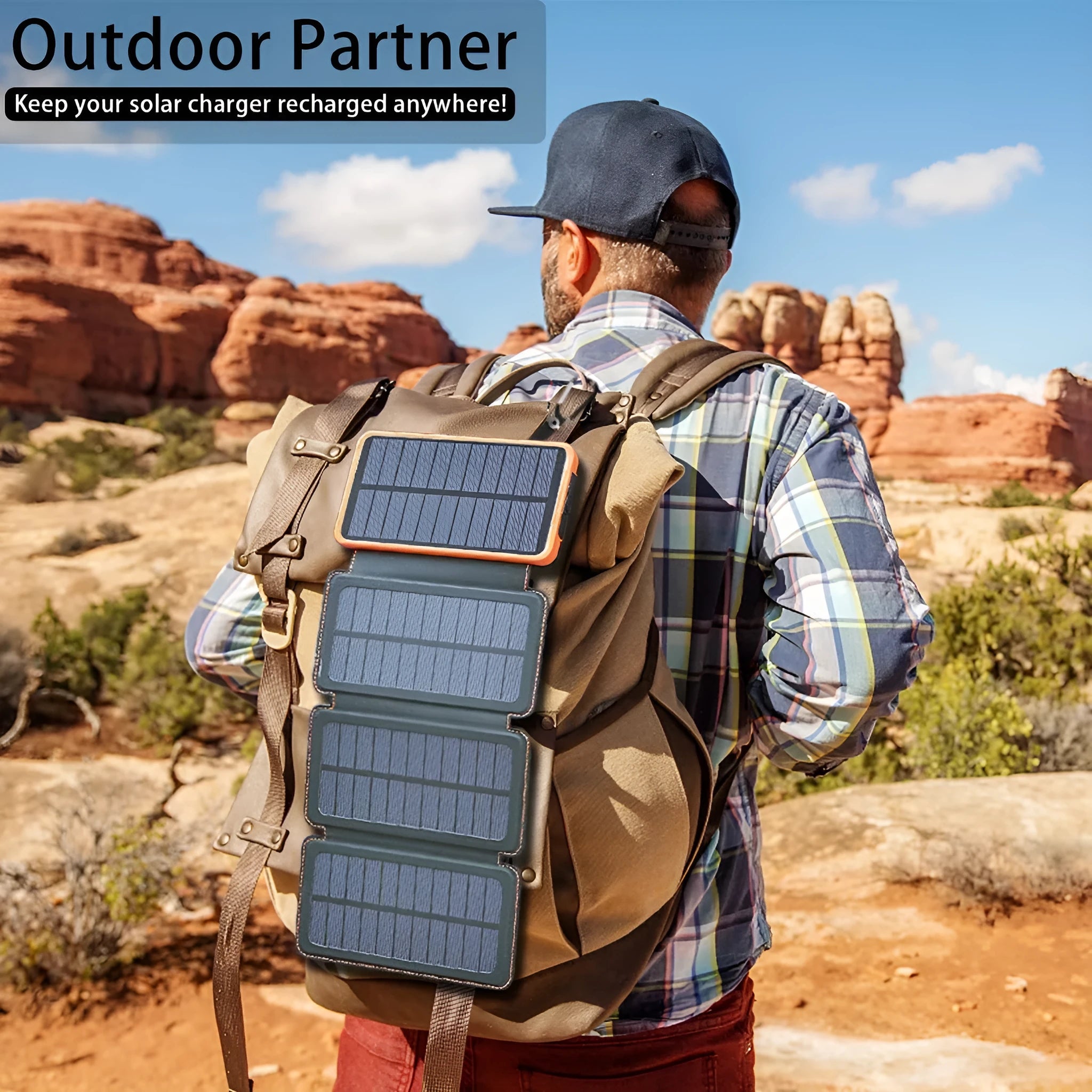 Black solar power bank with a solar panel, LED light, USB ports, and a soft leather casing.