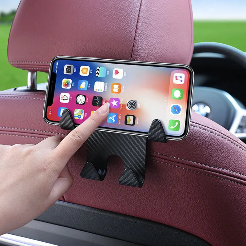 Black car multifunction hook with integrated phone holder for rear seat storage