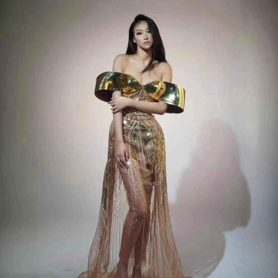 Gold sequined strapless evening dress with high-leg split and tulle underlay