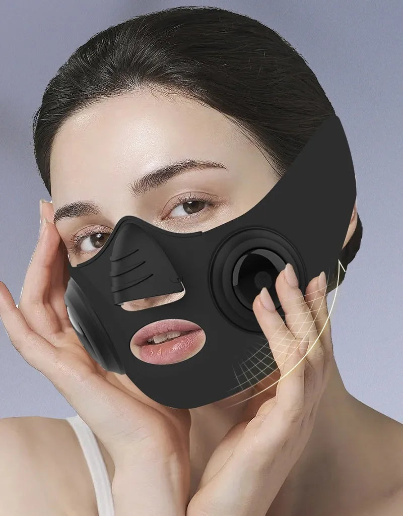 Black handheld photon facial mask beauty device with USB port and adjustable settings.
