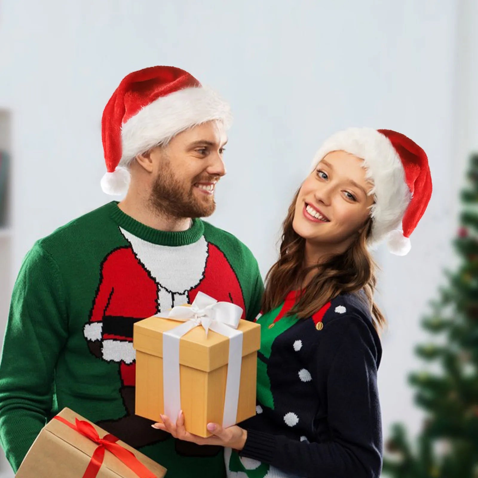 Red and white plush Santa hat with pom-pom and 9 colour-changing LED lights lit up.