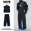 Blue distressed fleece-lined vest and jeans two-piece suit set on a hanger
