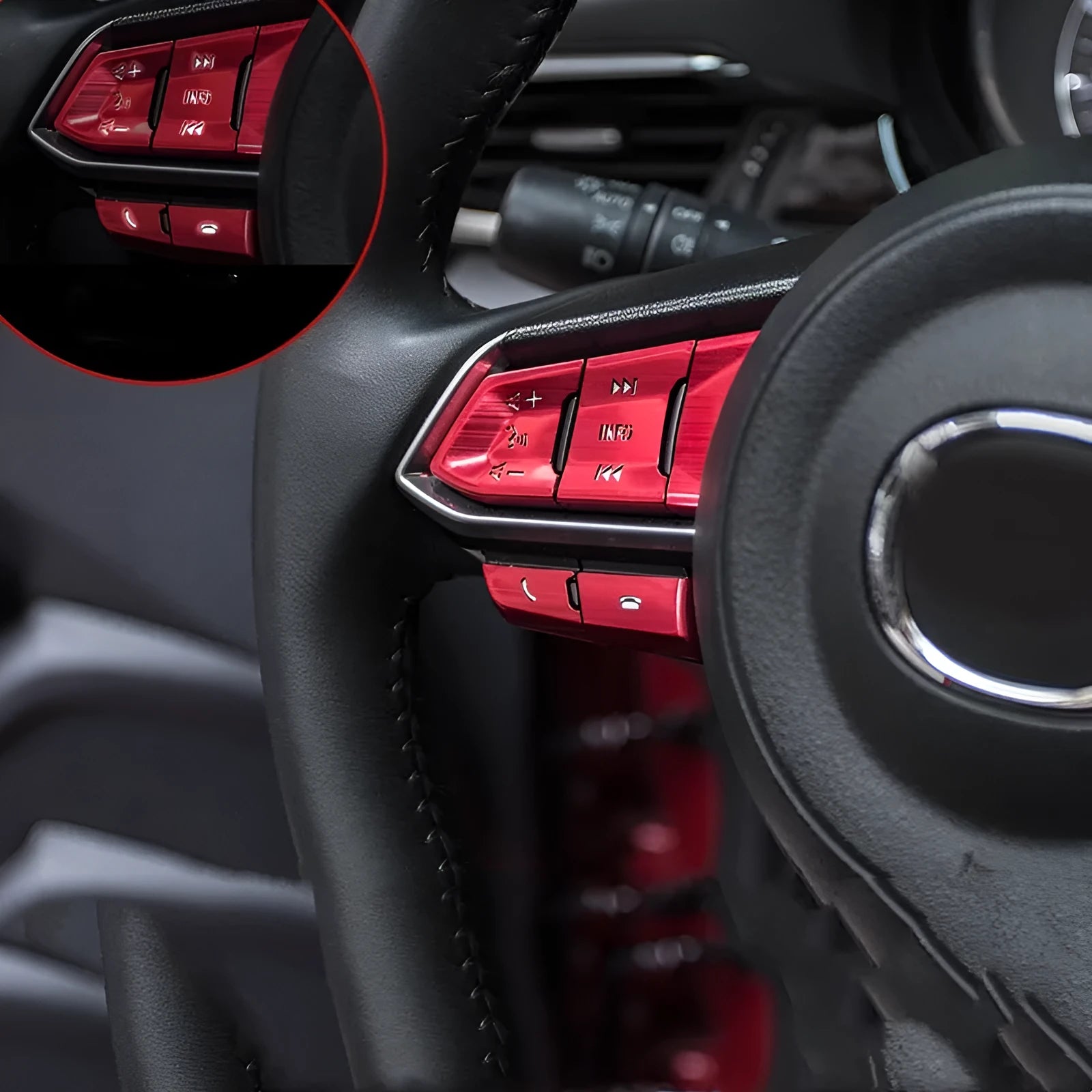 Atz modified vehicle steering wheel decorative sticker set showing aluminum alloy hollow button styles in brushed red, silver, and blue finishes