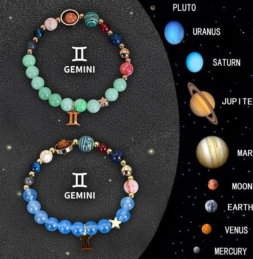 Natural stone beaded bracelets for twelve zodiac signs with adjustable thread closures