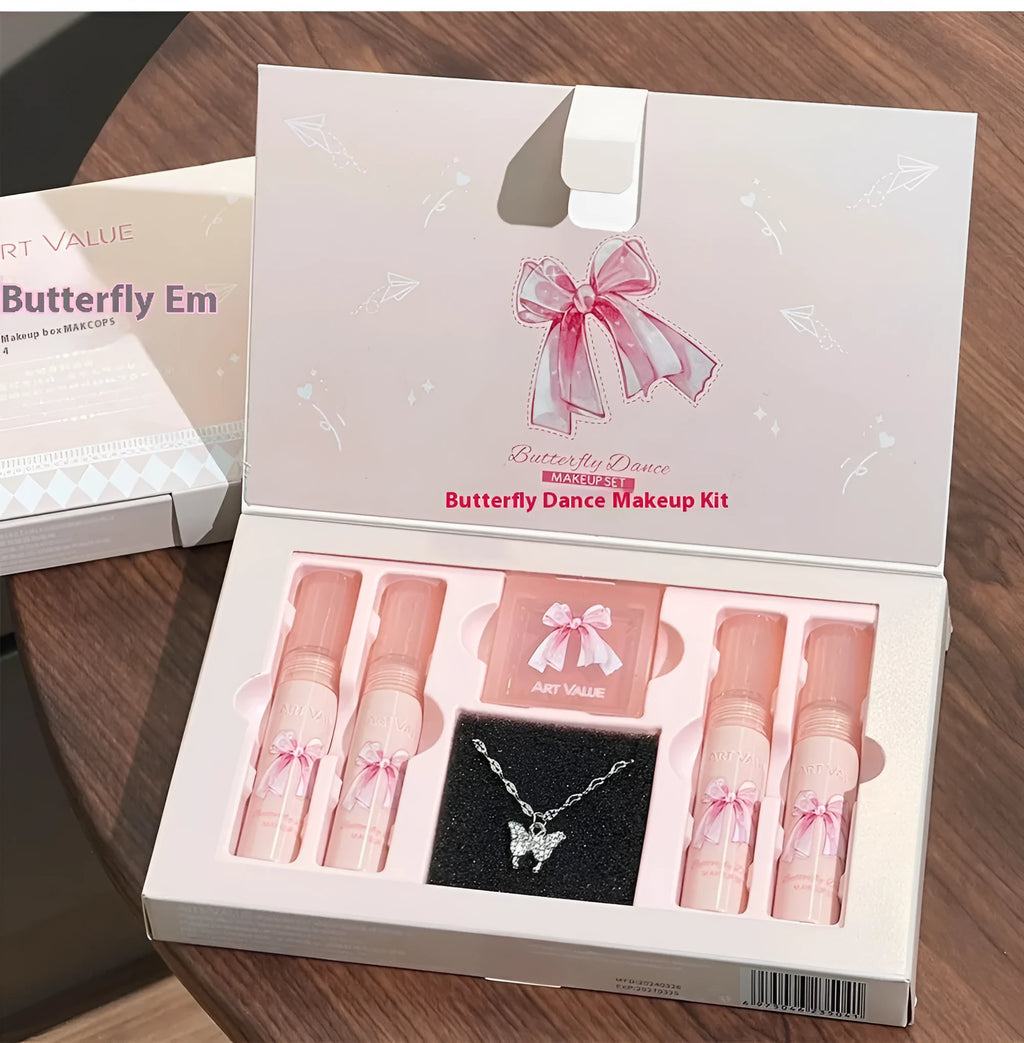 Butterfly Box makeup set with four lip muds, powder blusher, and butterfly necklace