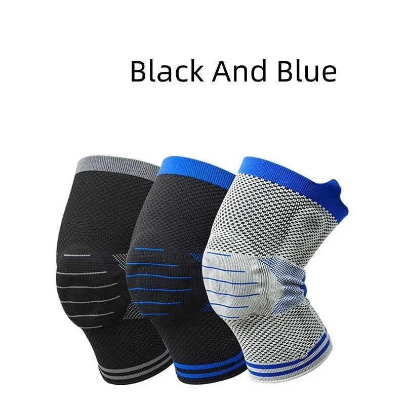 Cotton knee pad with silicone spring bar shock absorber in a two-tone colour scheme, shown in M, L, or XL size.