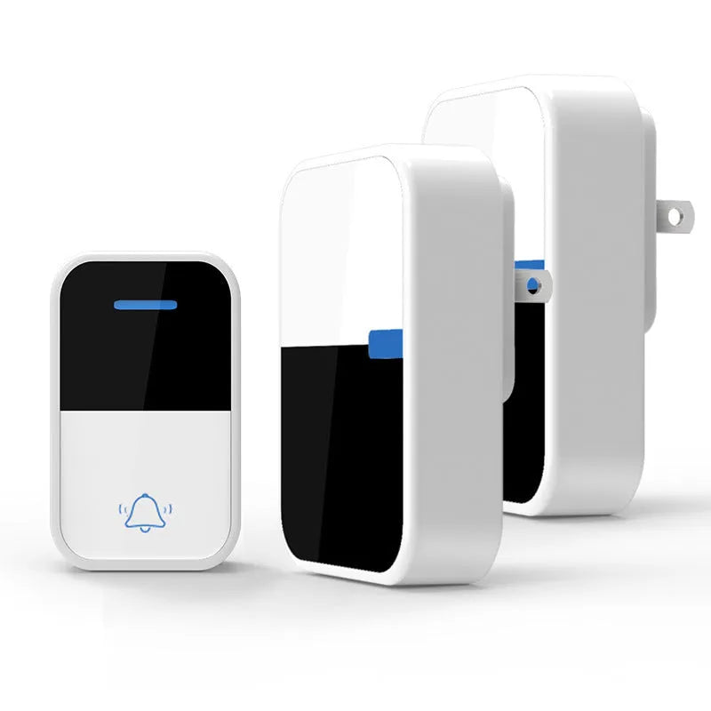 White plastic self-generating wireless doorbell with receiver and transmitter units showing modern design