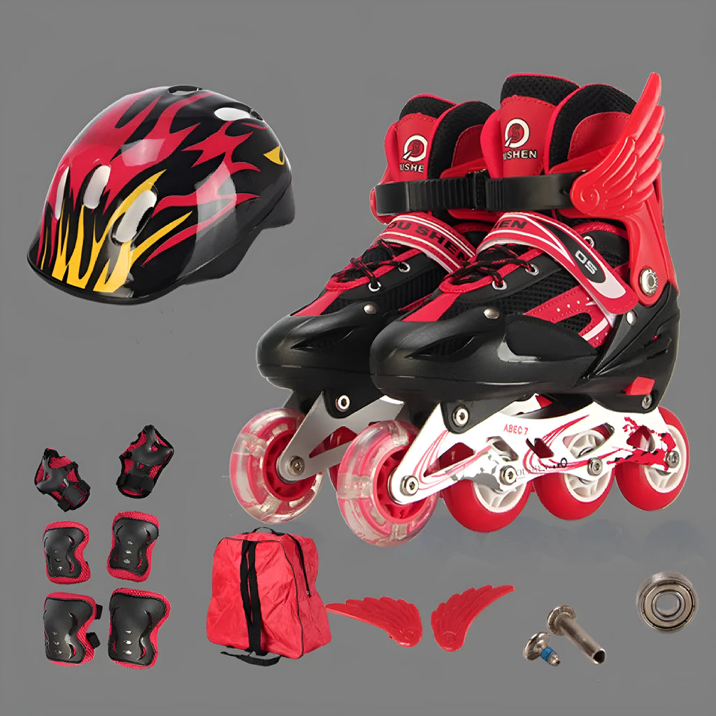 Children's adjustable inline skates in various colours with matching helmet, protective pads, and backpack.