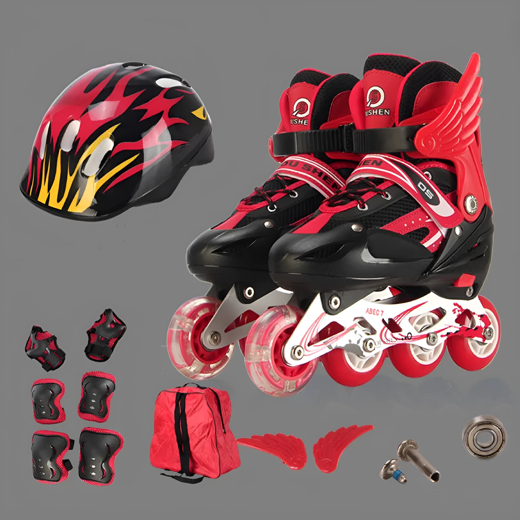Children's adjustable inline skates in various colours with matching helmet, protective pads, and backpack.
