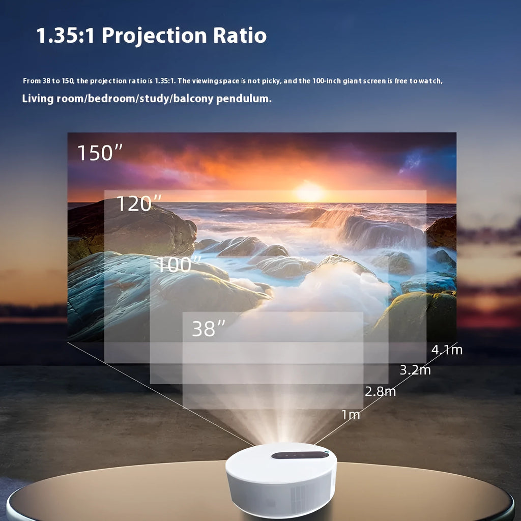 White 720p HD home theatre projector with remote control for bedroom cinema setup