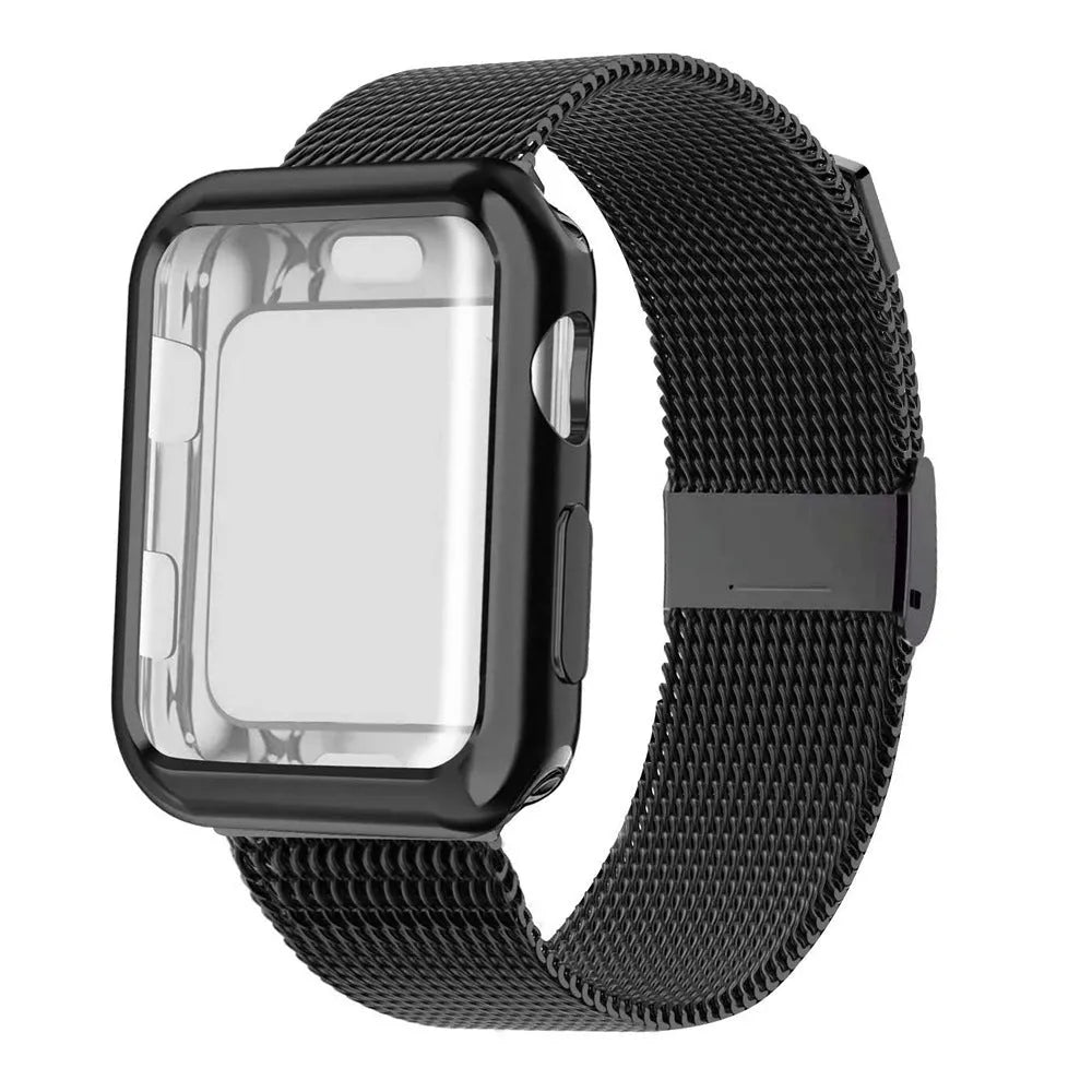 Apple Watch magnetic Milanese loop metal strap in multiple colours on a watch case