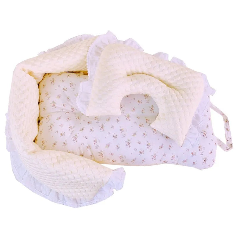 Pet stroller accessory set showing cotton anti-dirty towel, cushion, and pillow in a floral pattern.