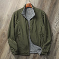 Men's stand collar simple jacket in a polyester blend fabric shown in Army Green colour.