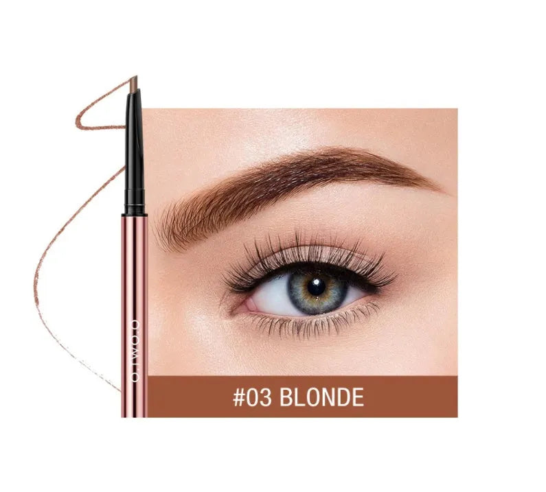 Square-shaped eyebrow pencil in colour box with Auburn, Blonde, Caramel, Dark Brown, Soft Brown, Taupe shade options.