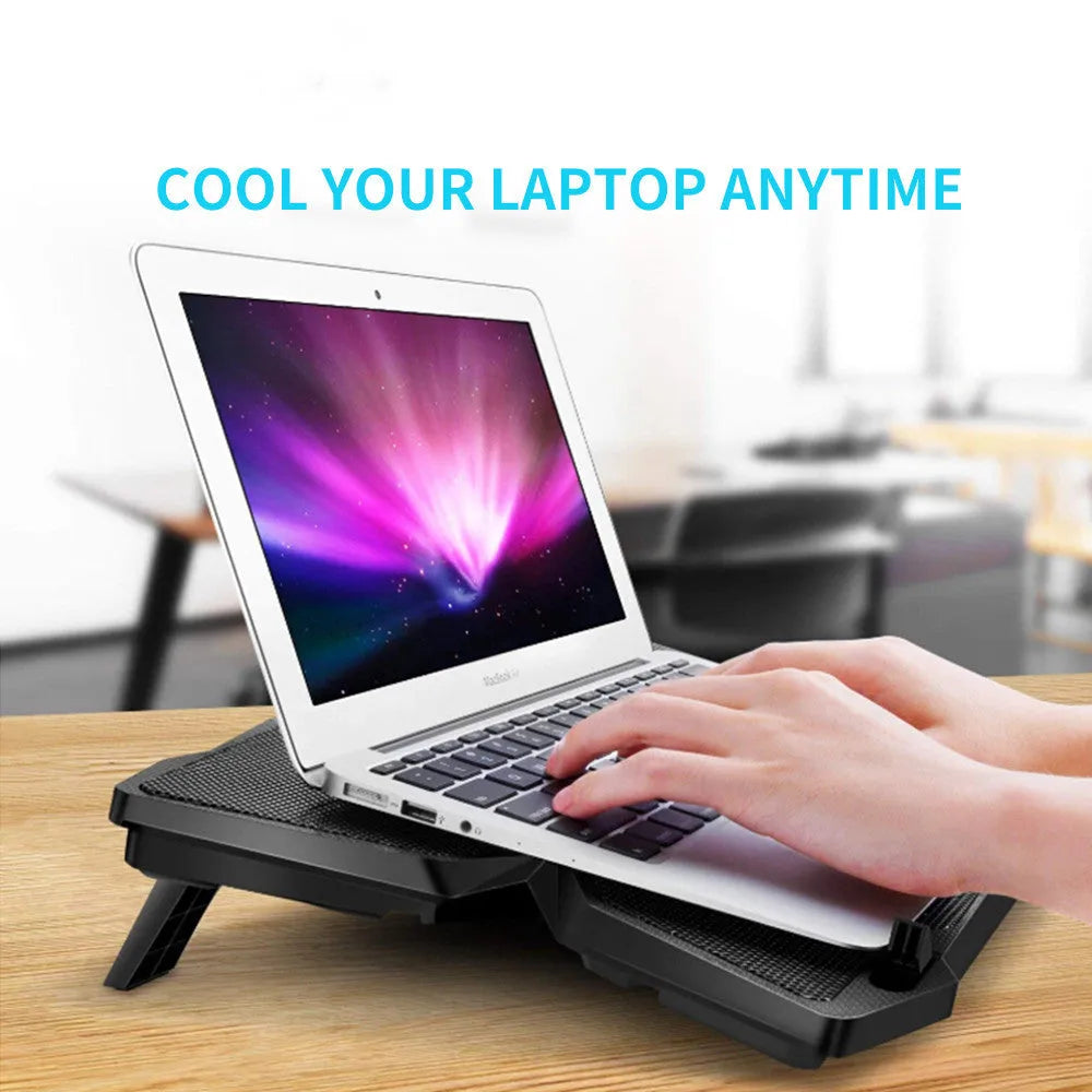 Blue laptop cooling base with four illuminated fans and two USB ports for computer heat dissipation
