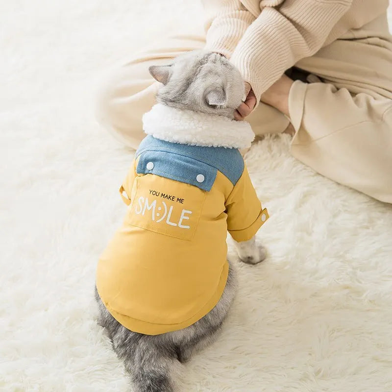 Yellow and light blue denim warm pet coat jacket with lamb velvet lining for dogs and cats
