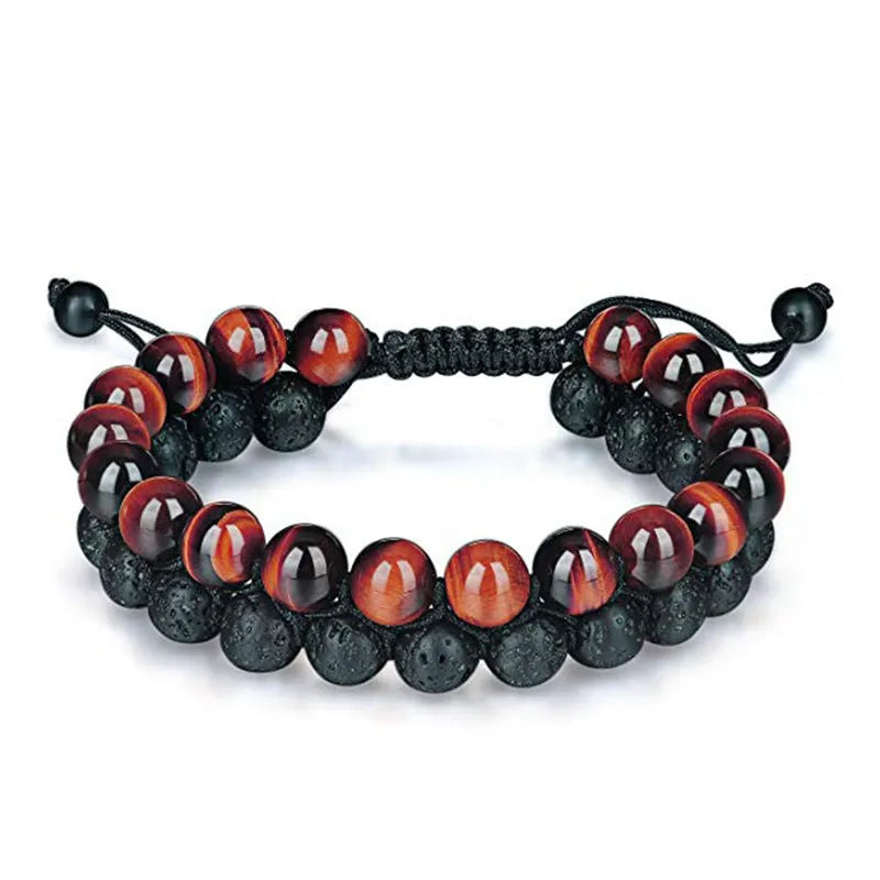 A pair of matte black agate bead bracelets with geometric design for him and her.