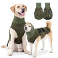 Army green dog anti-anxiety jacket made of polyester fabric on a medium-sized dog.