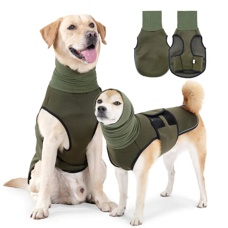 Army green dog anti-anxiety jacket made of polyester fabric on a medium-sized dog.