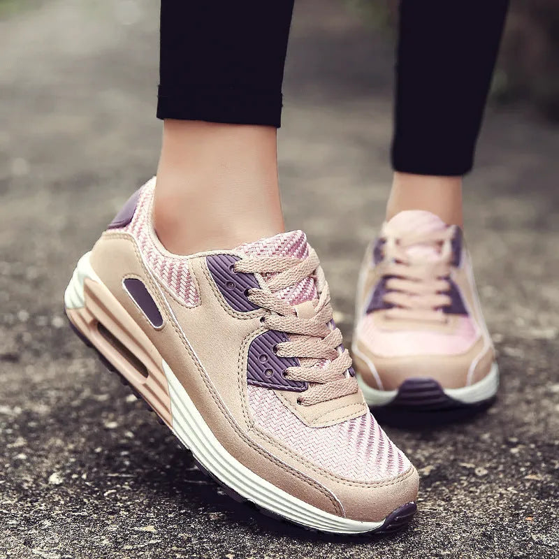 Women's low-heel casual shoes in beige, grey, and pink purple, showing a 3.5cm heel.