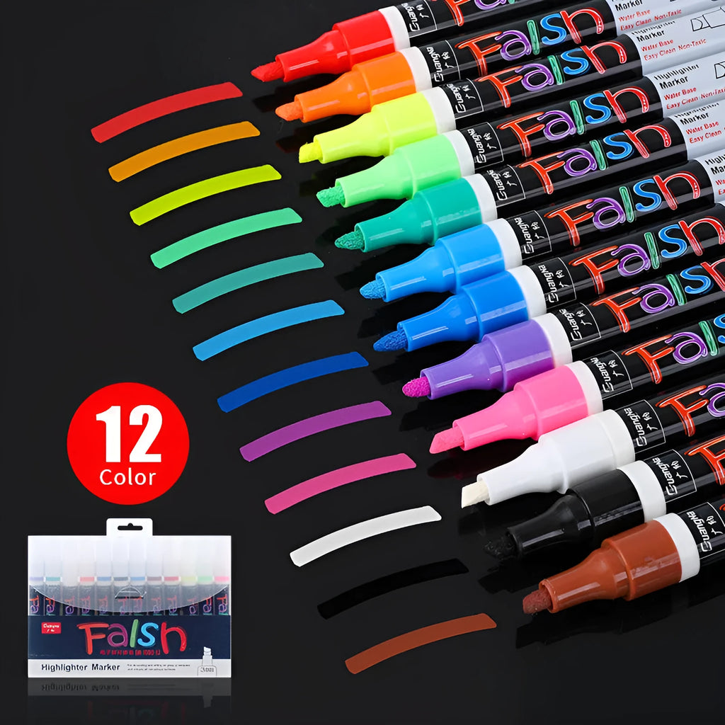 Electronic fluorescent highlighter pen with oblique chisel tip on card packaging, showing 8 colour or 12 colour refill options.