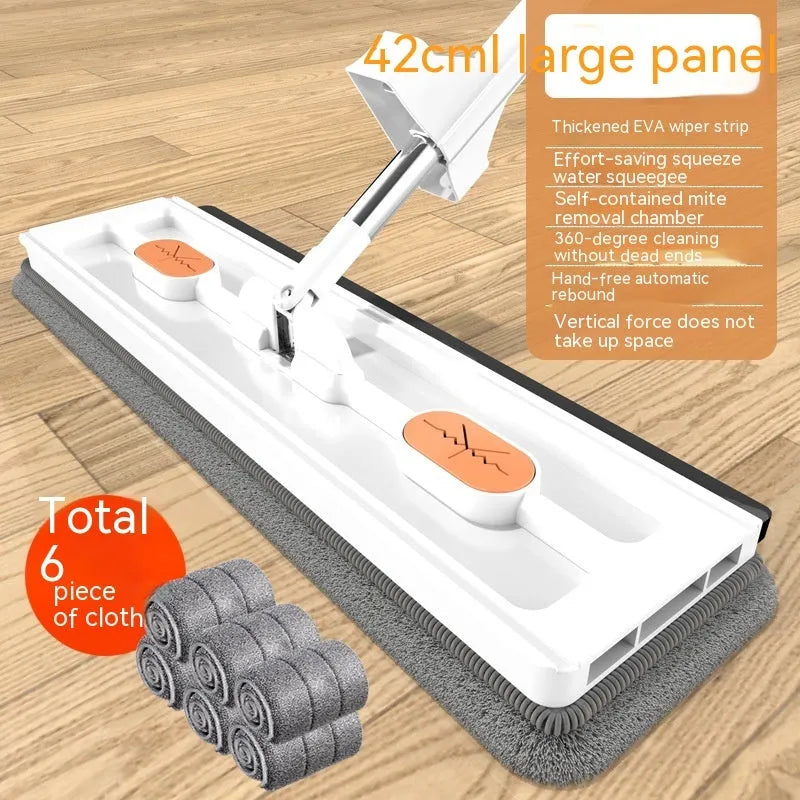 Large flat mop with long stainless steel handle and blue cleaning cloth on hard floor