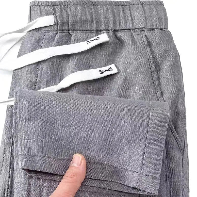 Pure linen Chinese style trousers with elastic drawstring waist in straight leg cut