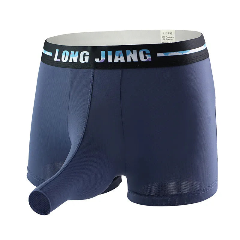 Men's ice silk trunk open boxer briefs on a solid background, showing the mid-waist fit.