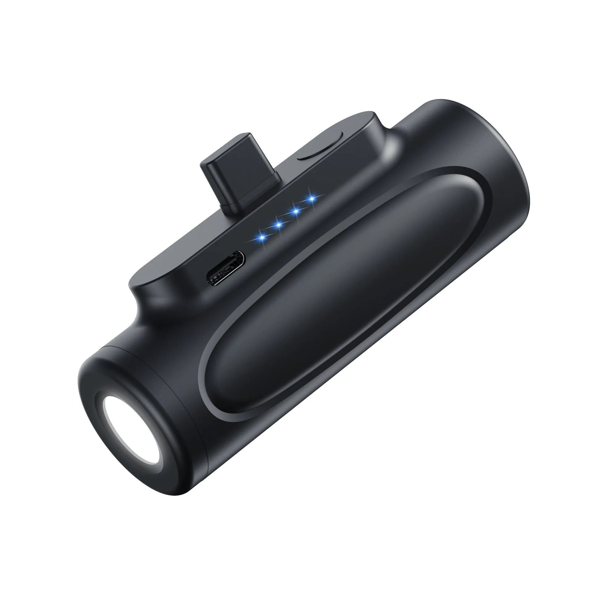 Black and pink creative power bank with integrated LED flashlight, showing Type-C and Apple port options, 83mm long.