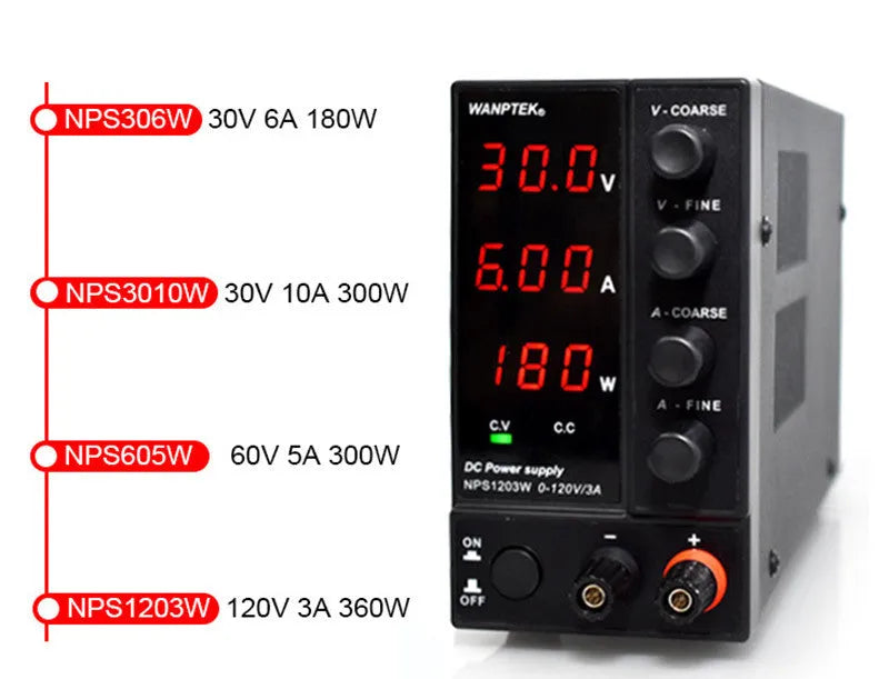 White S605W adjustable DC bench power supply with voltage and current controls for electronic testing