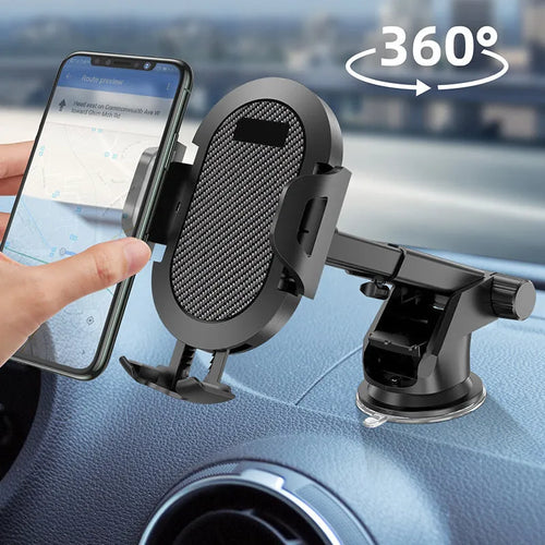 Car air vent phone holder with auto-lock clip holding a smartphone