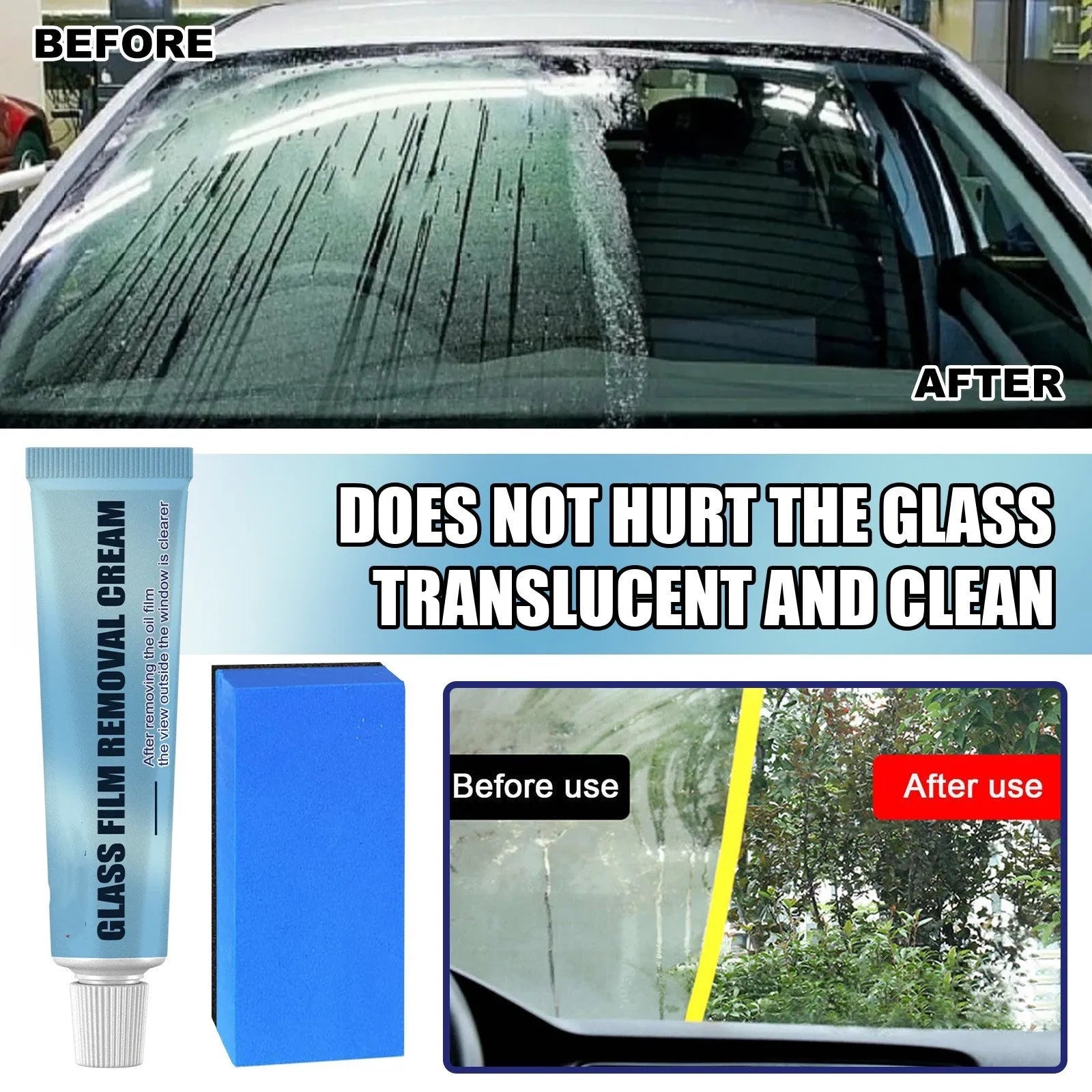 Blue car glass oil film remover with soft sponge applicator for decontaminating windscreens and windows.