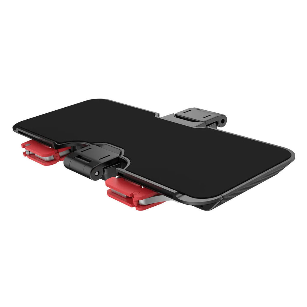 Black mobile phone gaming trigger bracket with adjustable sliding trigger and telescopic phone clip