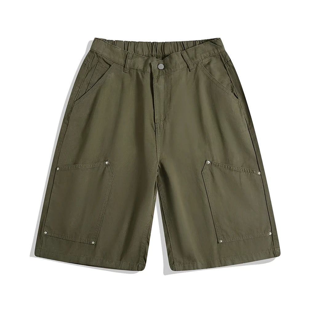 Workwear rivet cropped pants in wide-leg shorts style with mid waist design