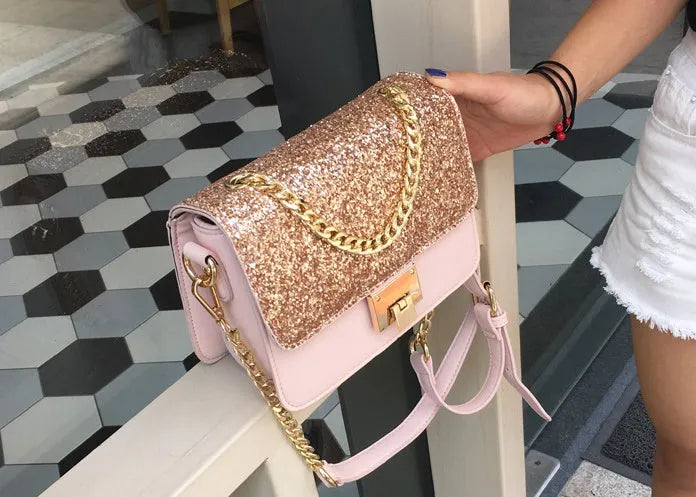 Women's small square sequined PU tote bag with lock closure and adjustable shoulder strap in pink, wathet, and black