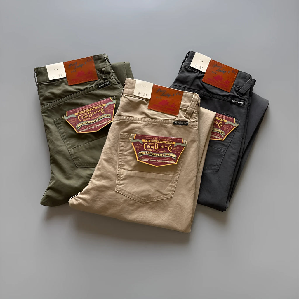 Men's straight-leg casual cotton trousers in army green, shown laid flat.