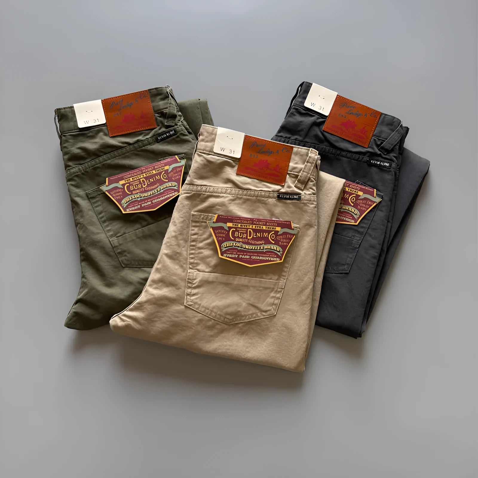 Men's straight-leg casual cotton trousers in army green, shown laid flat.