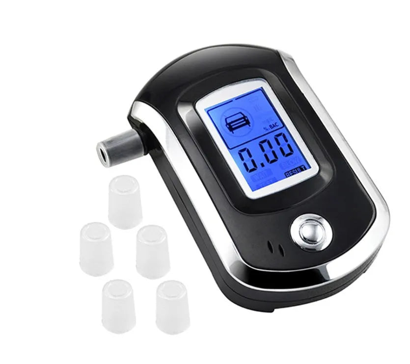 Black portable alcohol breath tester with digital screen and five mouthpieces.